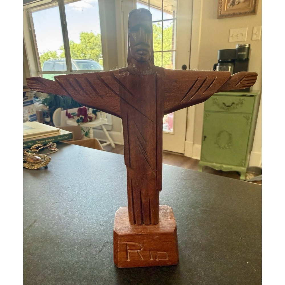 Wood Statue Christ The Redeemer Carved Wooden Figure Rio Brazil 9.5" Tall